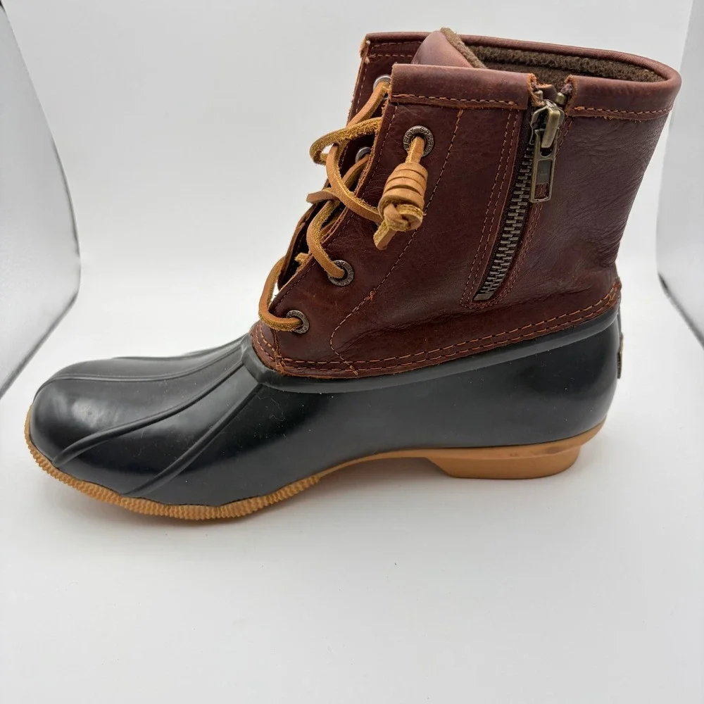 Sperry Women 8 Saltwater Duck Boots Brown Black Leather Rubber Waterproof Ankle